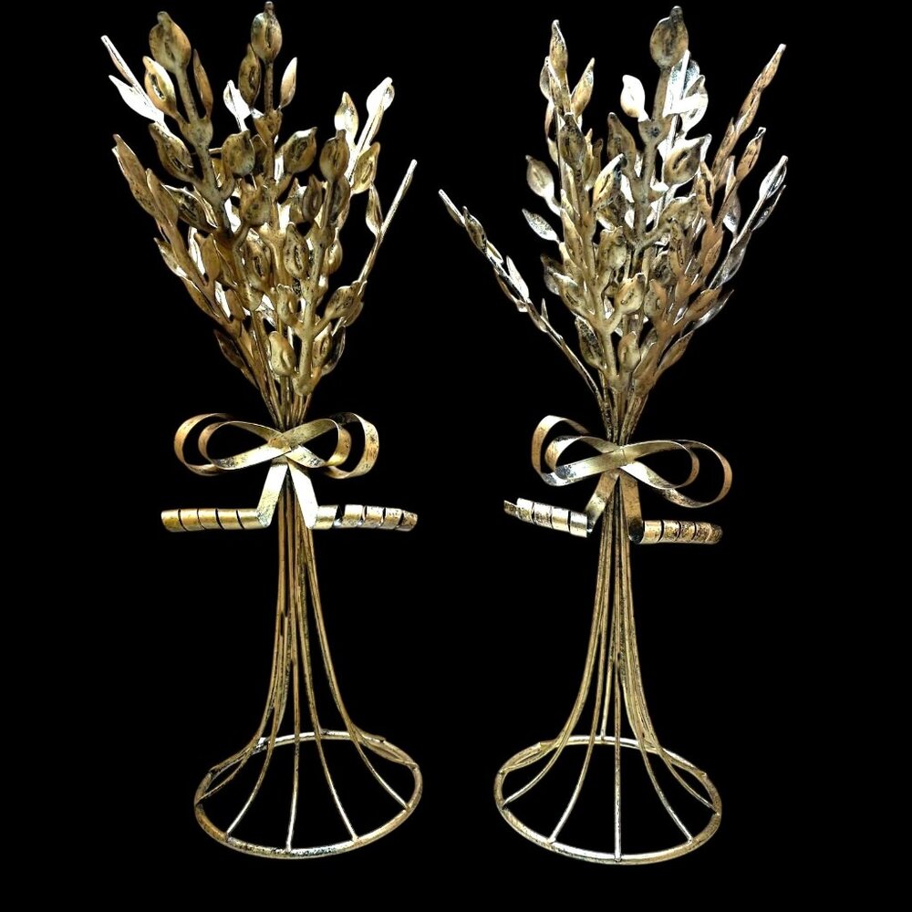 Vintage Gold Metal Candle Holders Set Of 2 - Wheat Design Floral Motif With Bow